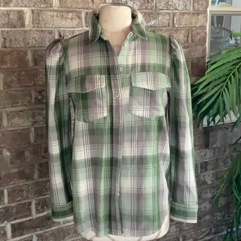TREASURE & BOND. Women’s shirt printed in checks long sleeve color green-Ivory